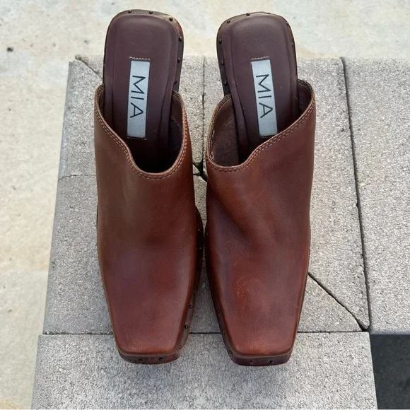 MIA Wooden Leather Studded Platform Heel Mule Clog Shoes Brown 10 - Picture 5 of 16